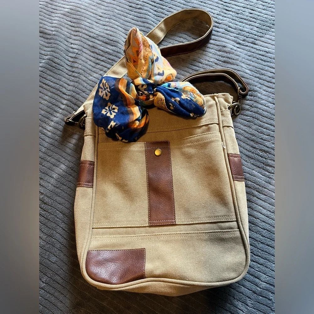 Canvas Hobo Crossbody Bag with Leather Accents - Beige
